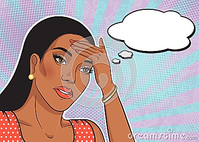 African american fatigue woman face with thinking balloon illustration in pop art retro comic style, sad woman portrait Vector Illustration