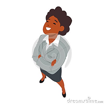 African American Female Character Looking Up Top View. Smiling Woman in Reflection, Lost In Thought, Stares Upwards Vector Illustration