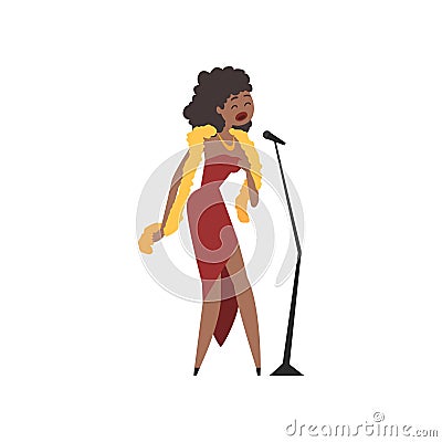 African American female jazz singer in red dress singing into microphone vector Illustration Vector Illustration