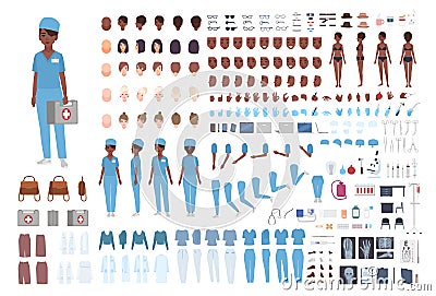 African American female paramedic or nurse constructor. Set of woman`s body details, gestures, scrubs isolated on white Vector Illustration