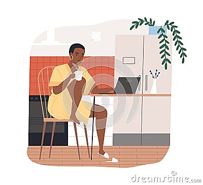 African american freelancer woman work from home vector flat illustration. Black skin female hold tea chatting or Vector Illustration