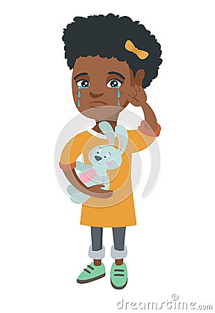 African-american girl crying and holding toy. Vector Illustration