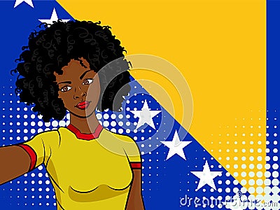 african american girl makes selfie in front of national flag Bosnia and Herzegovina in pop art style illustration. Element of spor Cartoon Illustration