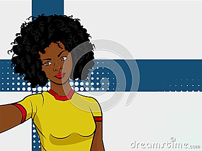 african american girl makes selfie in front of national flag Finland in pop art style illustration. Element of sport fan illustrat Cartoon Illustration