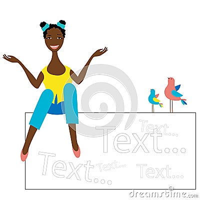 African-American girl sitting on a blank text banner. Frame Board. Clipart Vector Illustration