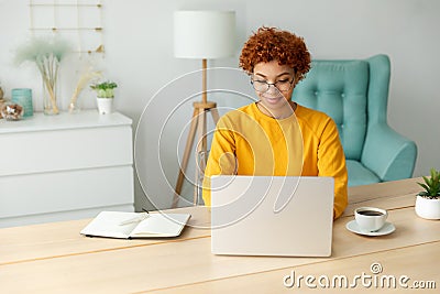 African american girl using laptop at home office looking at screen typing chatting reading writing email. Young woman Stock Photo