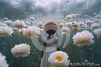 An African-American girl in a white dress in a fantasy world surrounded by a field of giant white flowers Stock Photo