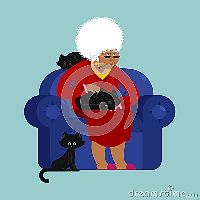 African American Grandmother and cat sitting on chair. granny ca Vector Illustration