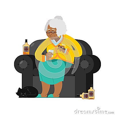 African American Grandmother drinks alcohol Smoke cigar. old woman in an armchair with bottle Whiskey. grandma and cat. Brandy Vector Illustration