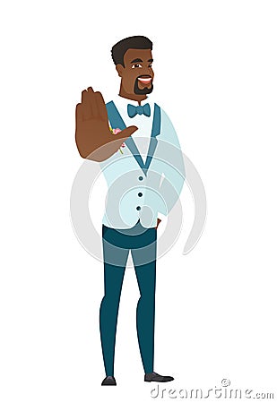 African-american groom showing palm hand. Vector Illustration