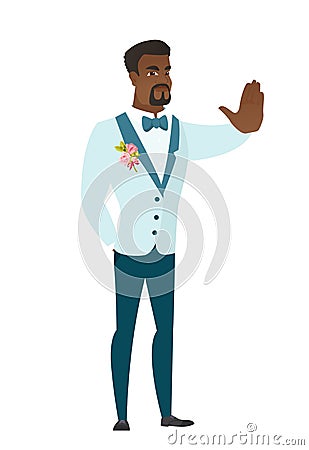 African-american groom showing stop hand gesture. Vector Illustration