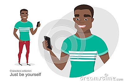 African American guy with a mobile phone in hand. Vector Illustration