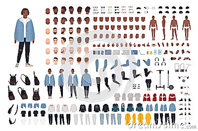 African American guy in street style outfit constructor set or DIY kit. Bundle of body parts, trendy clothes and Vector Illustration