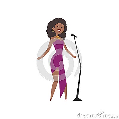 African American jazz singer, beautiful woman in purple dress singing vector Illustration Vector Illustration