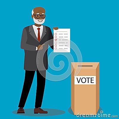 African american male senior with voting sheet and ballot box Vector Illustration