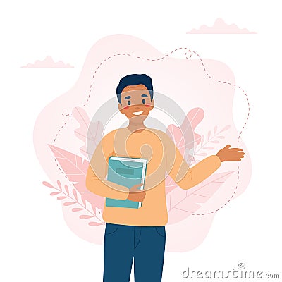 African american man with a book. Teacher s day, Literacy day concept. Cute vector illustration in flat cartoon style Vector Illustration