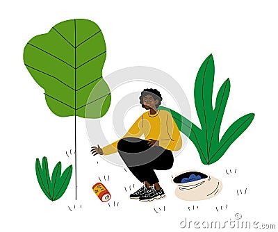 African American Man Gathering Garbage and Plastic Waste, Male Volunteer Picking Up Litter in Park, Volunteering Vector Illustration