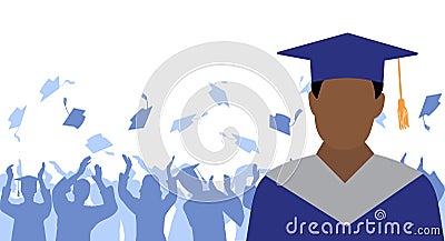 African American man graduate in mantle and academic square cap on background of cheerful crowd of graduates throwing their Vector Illustration