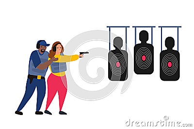 african american man instructor help to woman with gun shooting range vector Vector Illustration