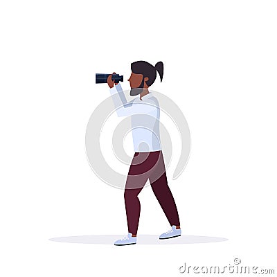 African american man looking through distance binoculars male cartoon character standing pose full length white Vector Illustration