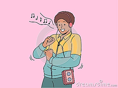 African American man in retro clothes with cassette player on belt listens to music in headphones Vector Illustration