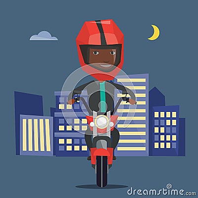 African-american man riding motorcycle at night. Vector Illustration