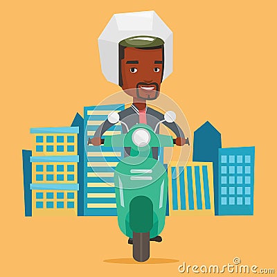 African-american man riding scooter in the city. Vector Illustration