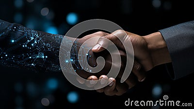 African American man shaking hands with digital cyborg half human and half robot. Collaboration humans with artificial Stock Photo
