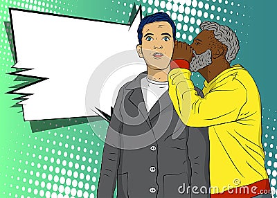 African-American man whispering to his Caucasian coworker, sharing secret Vector Illustration