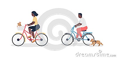 African american man and woman on bicycle with dogs flat color vector detailed character set Vector Illustration