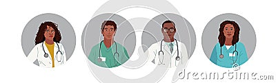 African American Medics. Medical Characters. Doctors and nurses round portraits, team of doctors concept, medical office Vector Illustration