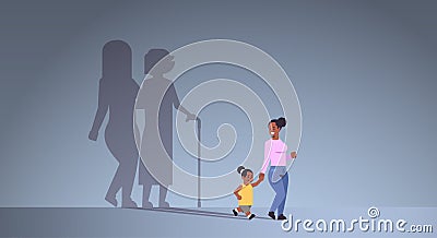 African american mother with daughter holding hands shadow of young and mature woman standing together imagination Vector Illustration