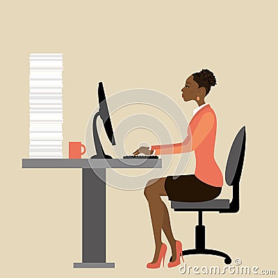 African american Office worker or businesswoman Working On lapto Vector Illustration