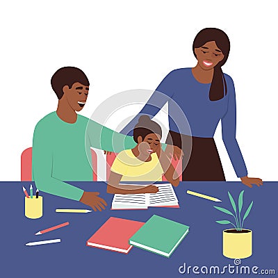 African American parents watch as their daughter read a book Vector Illustration