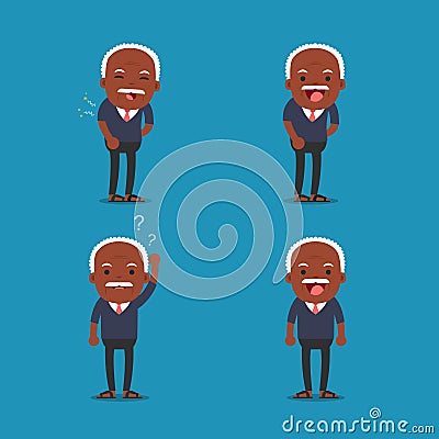 African american people, Old man. Grandpa in 4 Different Poses. Vector Illustration