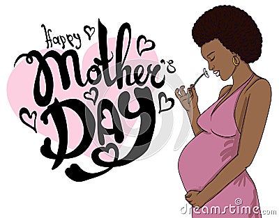 Basic RGB african-american pregnant woman in pregnancy dress is prepared for maternity. Vector Illustration