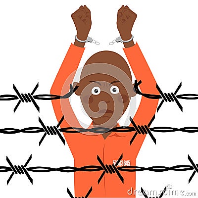 African american prisoner in broken handcuffs stands over barbed wire Vector Illustration