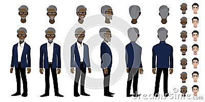 African American Professor cartoon character head set and animation. Front, side, back, 3-4 view character. Flat icon design Vector Illustration
