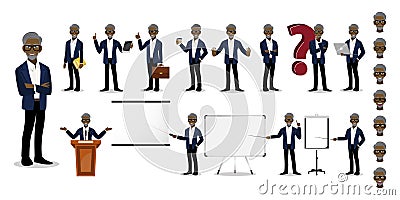 African American Professor cartoon character set. Old man in a smart suit vector illustration Vector Illustration