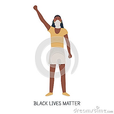 African American protester, hand fist raised up into air. Black woman protesting, fighting for human rights rebel Vector Illustration