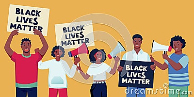 African american protesting people with posters. Black lives matter, fight for rights concept. Vector illustration Vector Illustration
