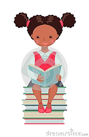 African American School girl character with book Vector Illustration