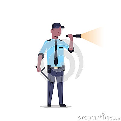 African american security guard man in uniform holding flashlight baton police officer shining flash light male cartoon Vector Illustration