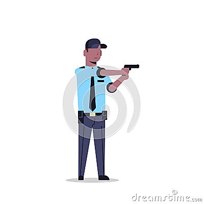 African american security guard man in uniform holding pistol police officer male cartoon character full length flat Vector Illustration