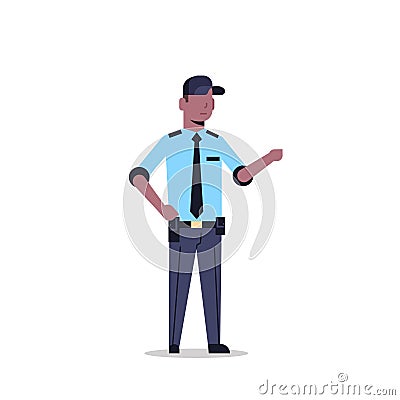 African american security guard man in uniform point to something police officer male cartoon character full length flat Vector Illustration