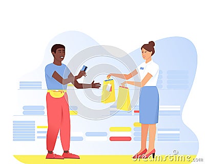 An African American is shopping at a shop assistant Vector Illustration