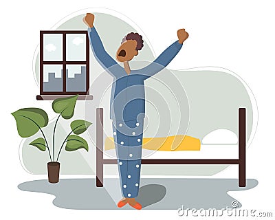 African American sleeps in bed and wakes up and yawns. The sun shines brightly through the window. Rest in the bedroom Vector Illustration