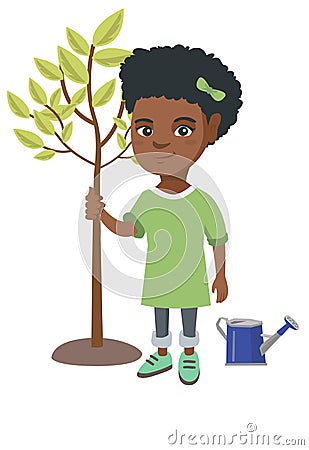 African-american smiling girl planting a tree. Vector Illustration