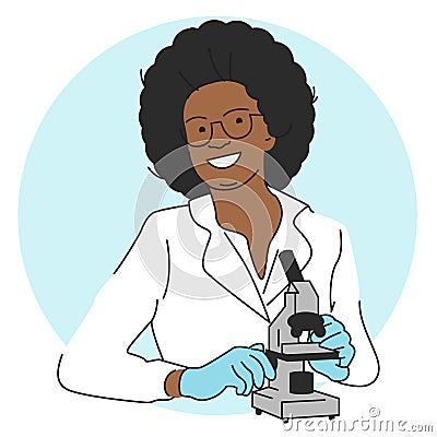 African american smiling laboratory assistant in glasses examines medical tests in a microscope Vector Illustration
