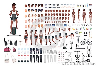 African American sportswoman or female athlete DIY or animation kit. Set of slim girl`s body parts, sports apparel, gym Vector Illustration